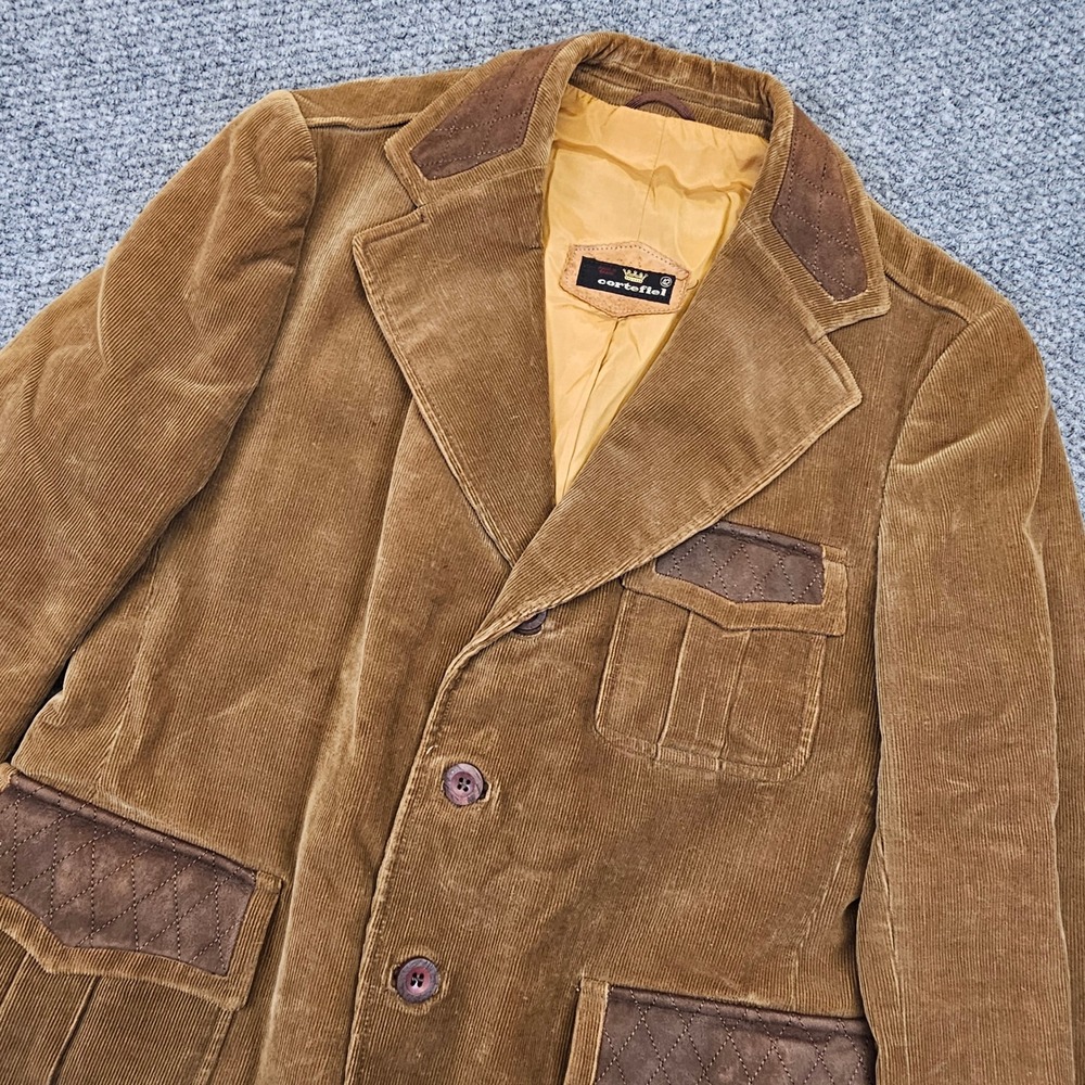 Vintage Cortefiel Corduroy Safari Jacket Tan Brown Suede Trim Made in Spain 42